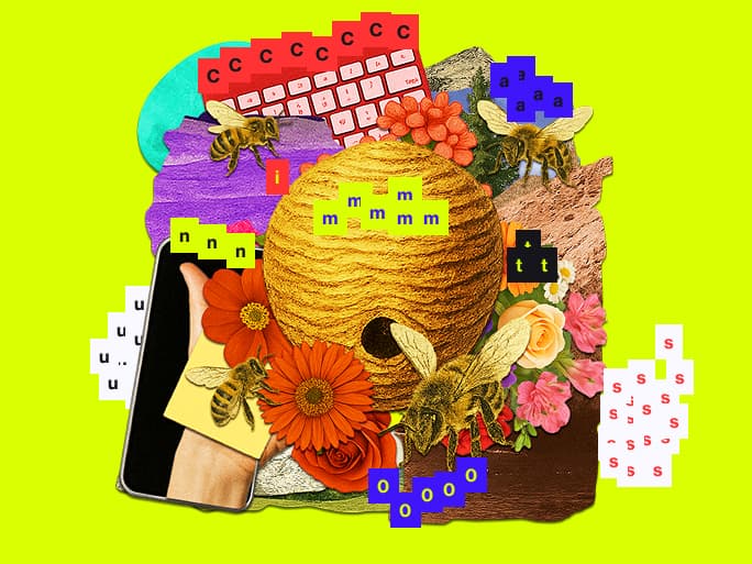 A collage of elements representing Communications & Communities featuring a beehive, keyboard and a smartphone