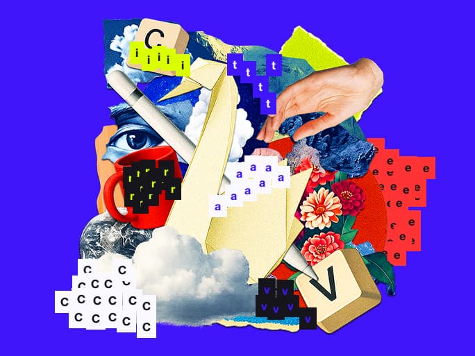 A collage of elements representing Creative & Experiences featuring a tablet stylus, computer keys and an oragami crane