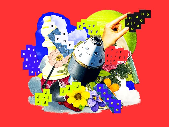 A collage of elements representing Journey Strategy featuring a chess piece, a space shuttle and a lamp