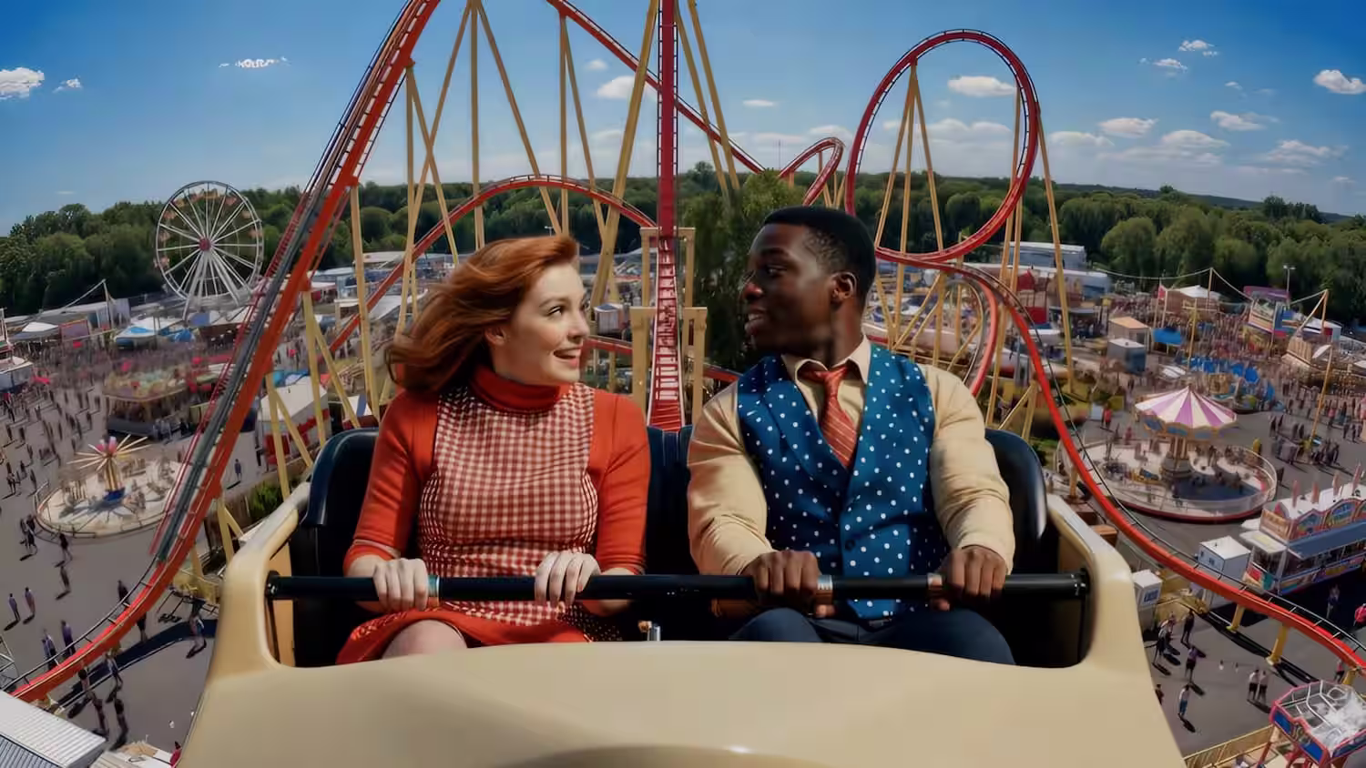 Two people on a rollercoaster ride representing the twists and turns of the customer journey
